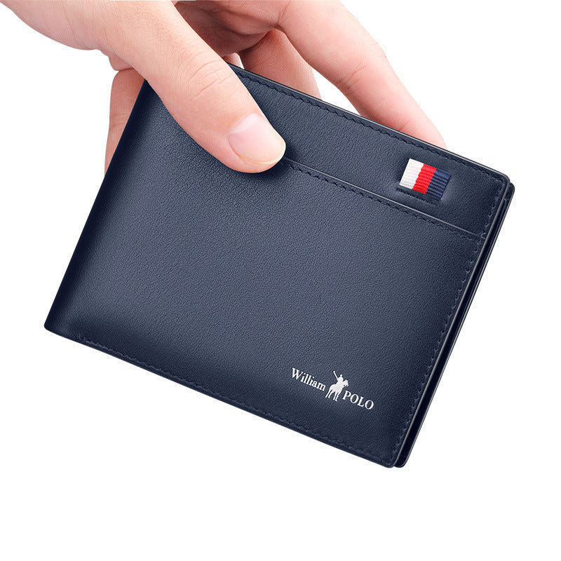 Navy blue wallet with a brand logo held by a hand on a white background